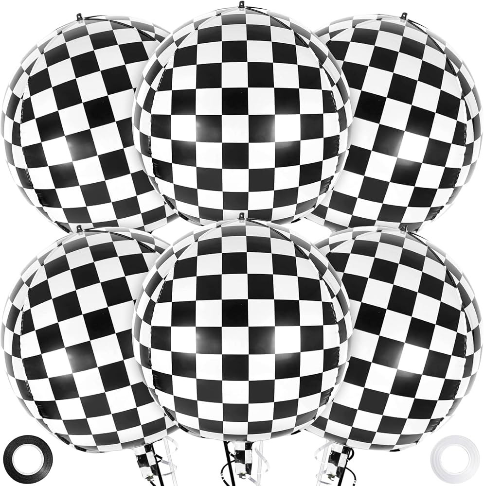 Checkered Balloons, 22 Inch Checkered Round Foil Balloons, 6 Pcs Black and White Checkerboard Myl... | Amazon (US)