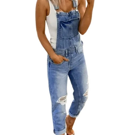 Aunavey Women s Adjustable Straps Loose Distressed Bib Overall Ripped Denim Pants Jumpsuit | Walmart (US)