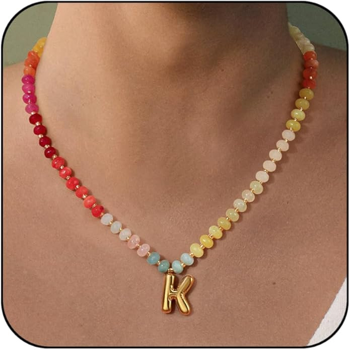 Badu Initial A-Z Colorful Beaded Gemstone Necklaces for Women 14K Gold Letter Pendant Necklace Na... | Amazon (US)