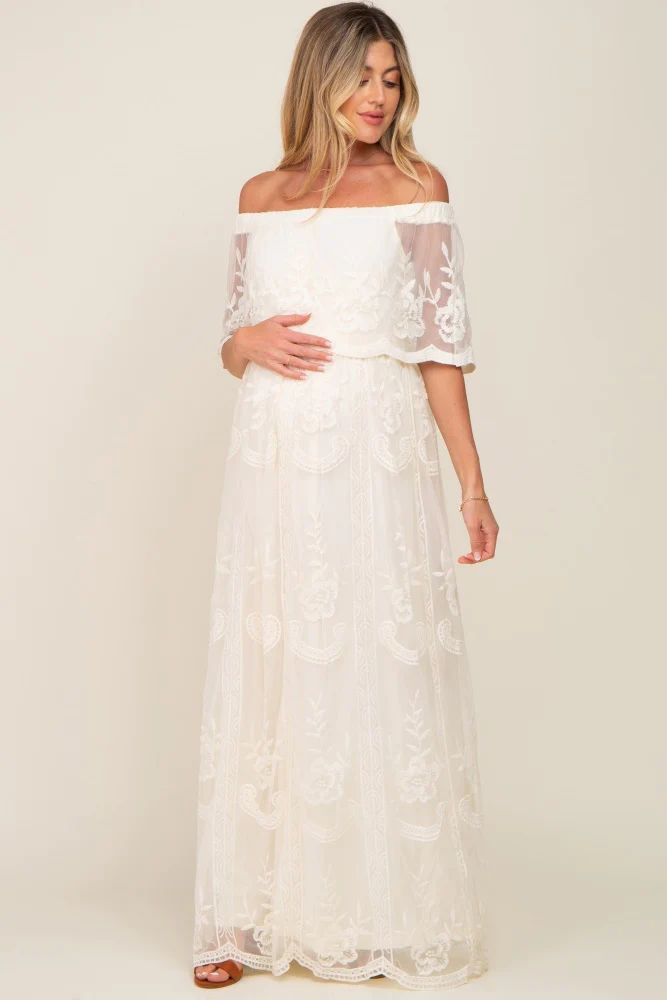 Cream Lace Mesh Overlay Off Shoulder Maternity Maxi Dress | PinkBlush Maternity