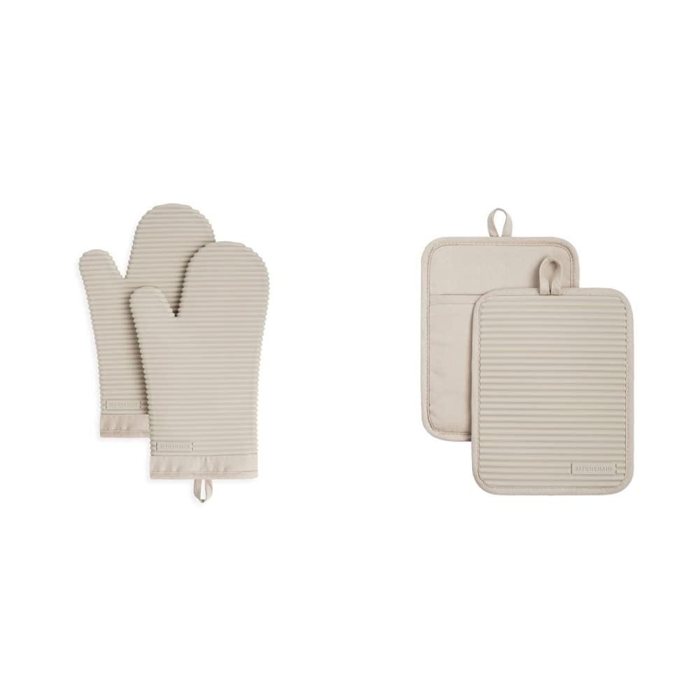 KitchenAid Ribbed Soft Silicone Oven Mitt and Pot Holder Set, Milkshake, 7"x13" Mitts + 7"x9" Hol... | Amazon (US)