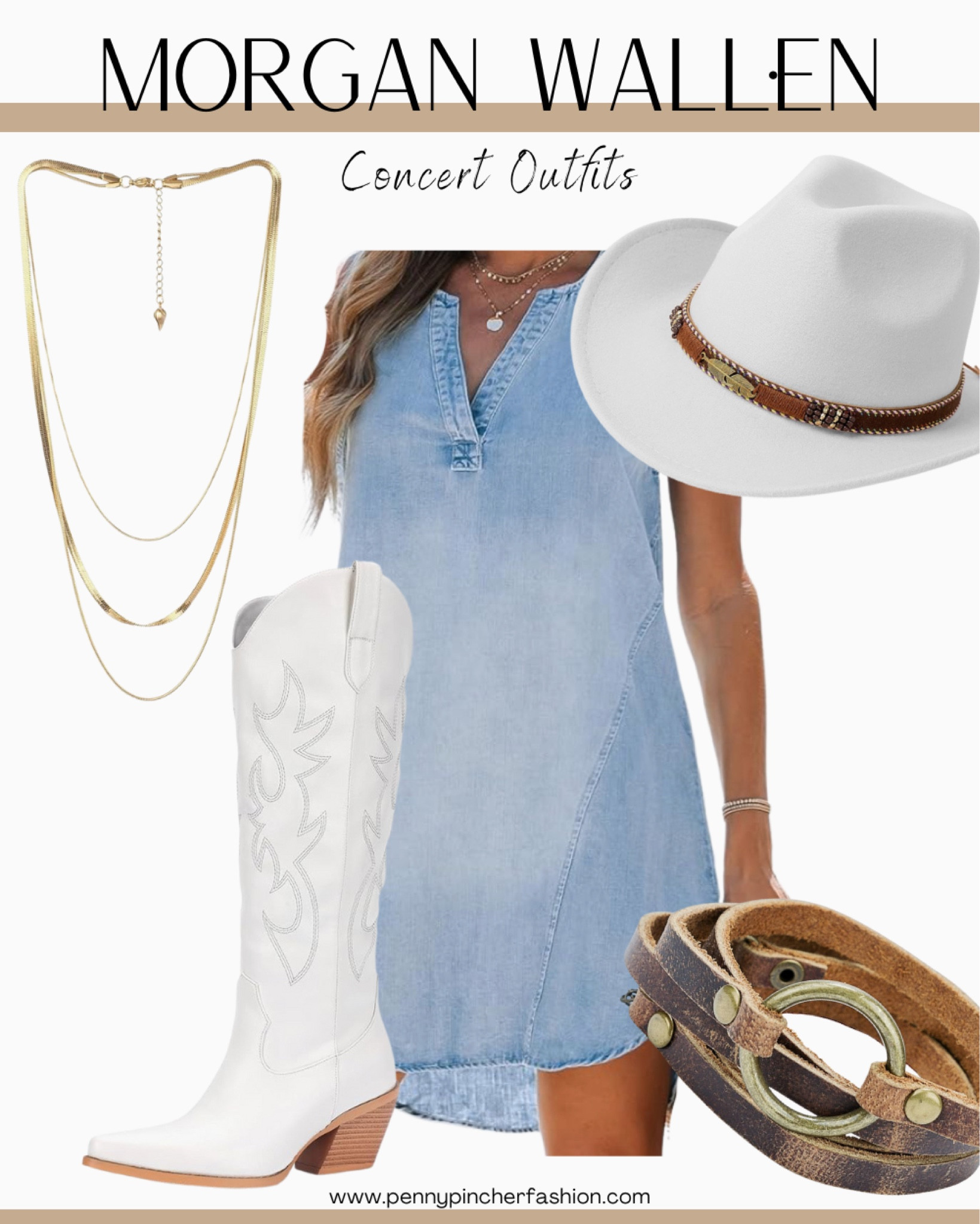 Denim dress outfit! Great for a country concert. Skip the boots and hat for an everyday dress!