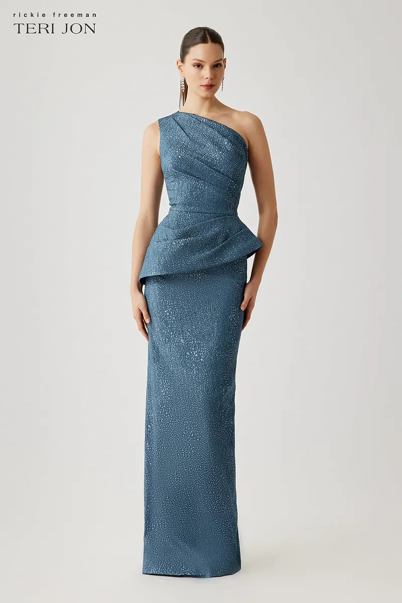 Metallic Jacquard One Shoulder Side Drape Peplum Gown | TERI JON