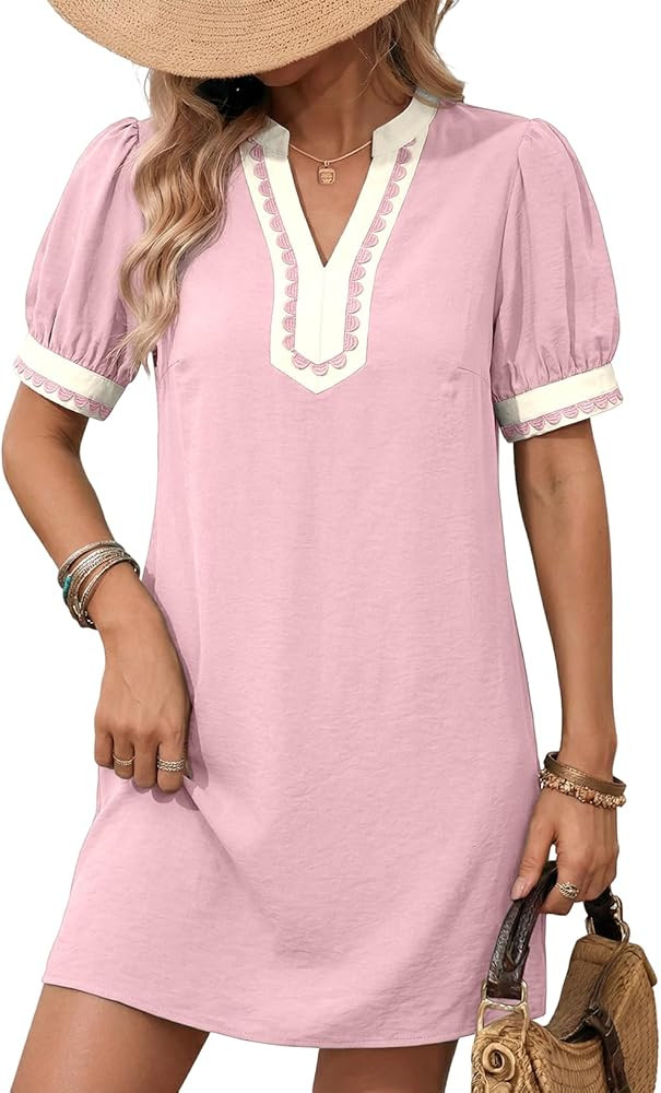 Dokotoo Summer Dresses for Women 2026 Boho Floral Puff Short Sleeve V Neck Trim Casual Mini Dress... | Amazon (US)