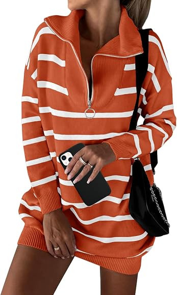 MEROKEETY Women's 2023 Striped Half Zip Sweater Dress Long Sleeve Fall Winter Knit Mini Dresses | Amazon (US)