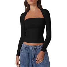 QINSEN Long Sleeve Square Neck Tops for Women Double Lined Side Ruching Going Out Shirts Basic Te... | Amazon (US)