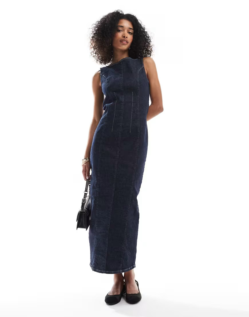 ASOS DESIGN cinched waist denim maxi dress with front slit in indigo-Navy | ASOS (Global)