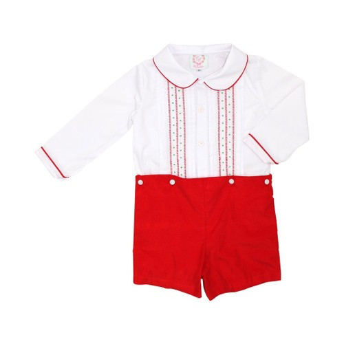 Red Corduroy Pleated Embroidered Button On Shipping lateNovember | Cecil and Lou