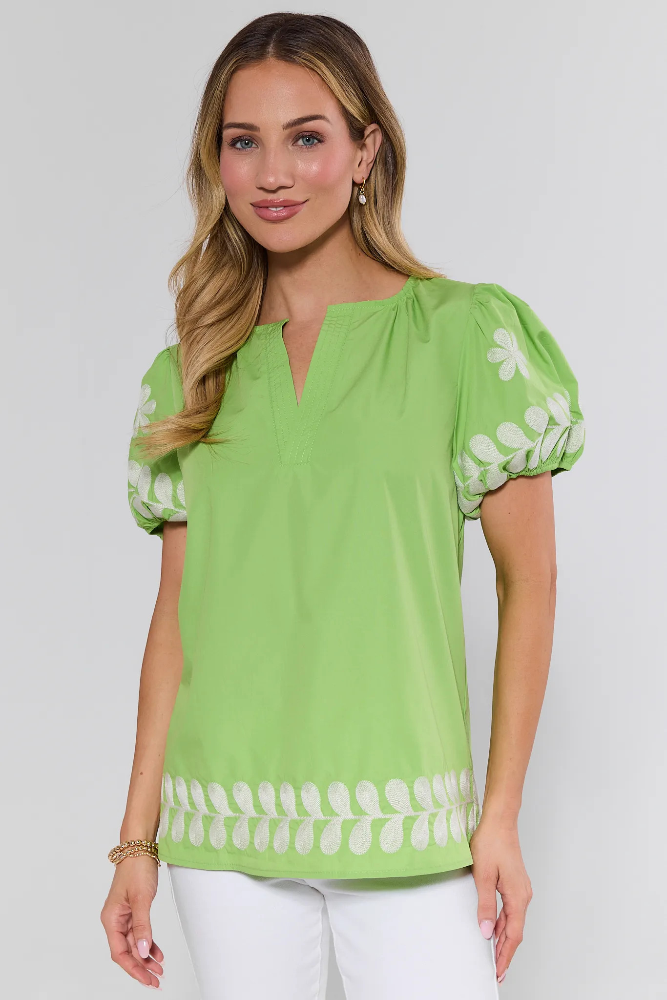 Stephie Green Embroidered Puff Sleeve Top | Avara