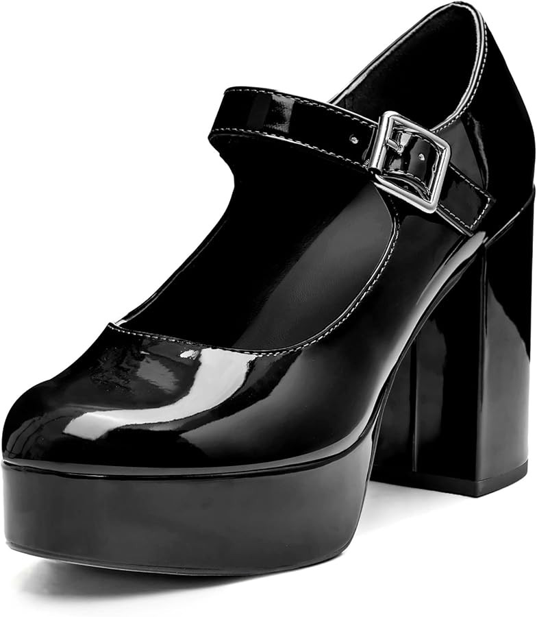 Coutgo Women's T-Strap Round Toe Platform Heels Chunky Heel Patent Mary Jane Dress Shoes | Amazon (US)