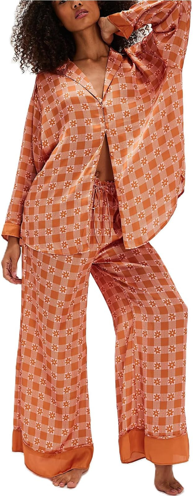 Women Satin Pajama Set Floral Silk Pajamas 2 Piece Lounge Sets Button Down Shirts Wide Leg Pants ... | Amazon (US)