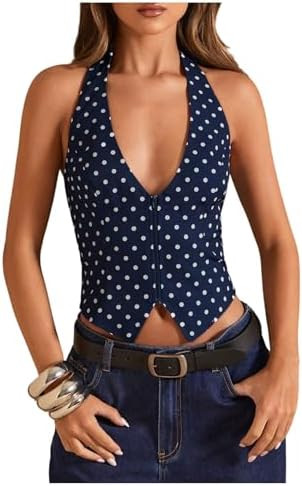 SOLY HUX Women's Vintage Polka Dots Halter Top Summer Lace Up Backless Zipper Party Club Tops | Amazon (US)