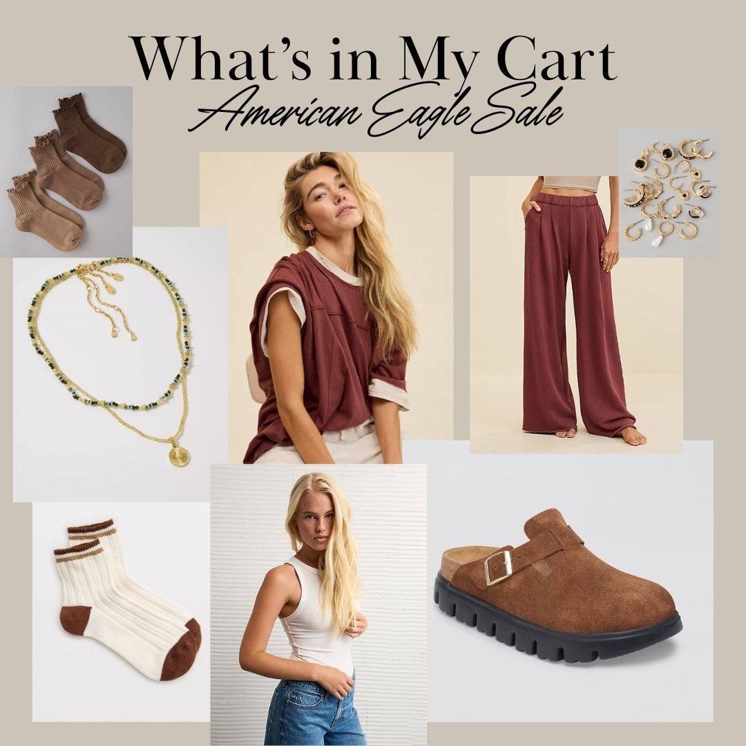 What’s in my cart for the American Eagle sale!
🤎 The Birkenstock Boston Chunky suede clogs in cognac aren’t sale price but they are an online exclusive and come with free shipping. I tried these on in a different color today, in a shoe store, and they are so comfortable!! Immediately had to come home and price compare - not on sale anywhere, so I’ll buy them here along with a bunch of sale items 😅

The browns and dark reds are beautiful for fall, and I’m all about the cozy fabrics that American Eagle uses! 

#comfy #casual #falloutfits #sale #LTKFinds #AE #AmericanEagle 

#LTKSeasonal #LTKSaleAlert #LTKFallSale