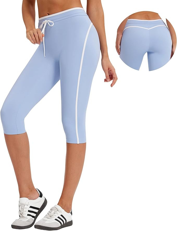 MOOSLOVER Women High Waisted Capri Leggings Drawstring Color Block Capris Stretch Compression Wor... | Amazon (US)