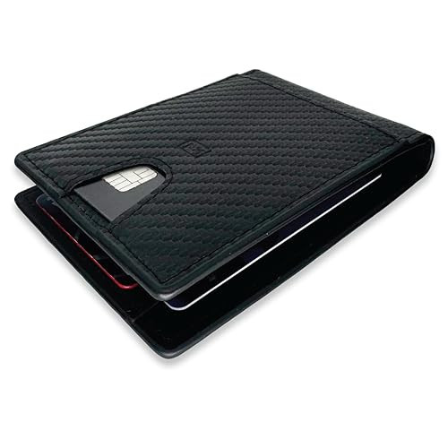 Modern Carry Minimal Bifold Wallet with Metal Money Clip, RFID Blocking Slim Leather Wallet for Men – Front Pocket Minimalist Wallet Holds Cards & Cash Securely - Black Carbon | Amazon (US)