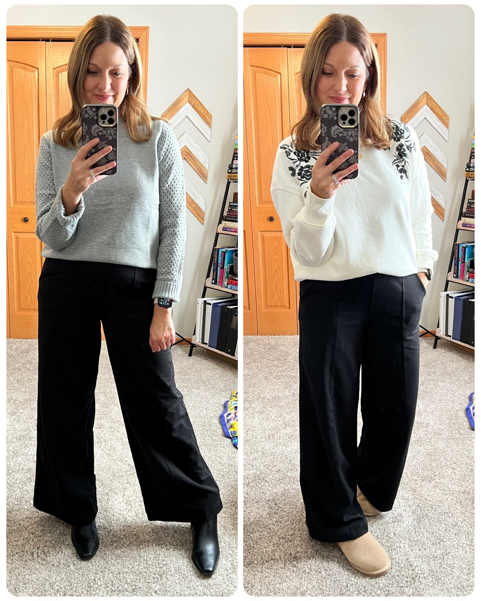 One of the reasons I started content creating was to show looks that can be worn multiple ways - dressier or more casual - work to play. These pants are perfect for that! They come in regular or long lengths too!

Fit Tip
Pants - TTS, in size S Regular 
Sweater - TTS, in size S
Sweatshirt - TTS, in size S 
Black booties - TTS
UGG booties - TTS

Maurices | Amazon | Old Navy |Nordstrom Rack 

#LTKFindsUnder50 #LTKOver40 #LTKSaleAlert
