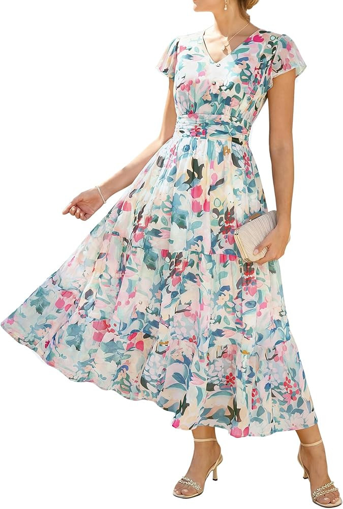 GRACE KARIN 2026 Women Summer Dress,Maxi Short Sleeve Floral Dresses,Semi Formal Flowy Wedding Gu... | Amazon (US)