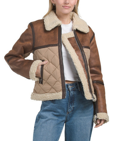 Faux Shearling Jacket for Women | Polyester/Spandex/Leather | Marshalls