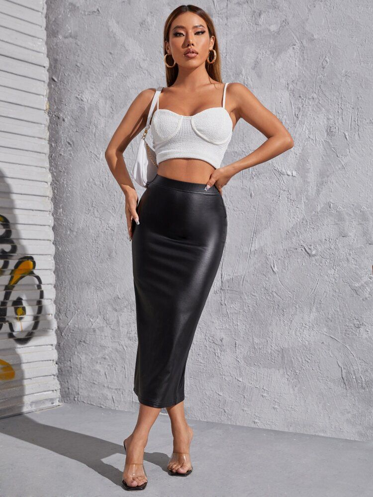 SHEIN PETITE Solid PU Leather Bodycon Skirt | SHEIN