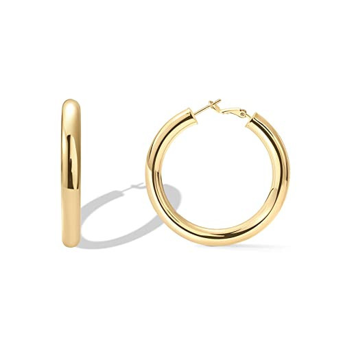 PAVOI 14K Gold Plated 925 Sterling Silver Post Hoops | Lightweight Chunky Hoops Huggies | Thick Gold Hoop Earrings for Women (Yellow Gold,50mm) | Amazon (US)