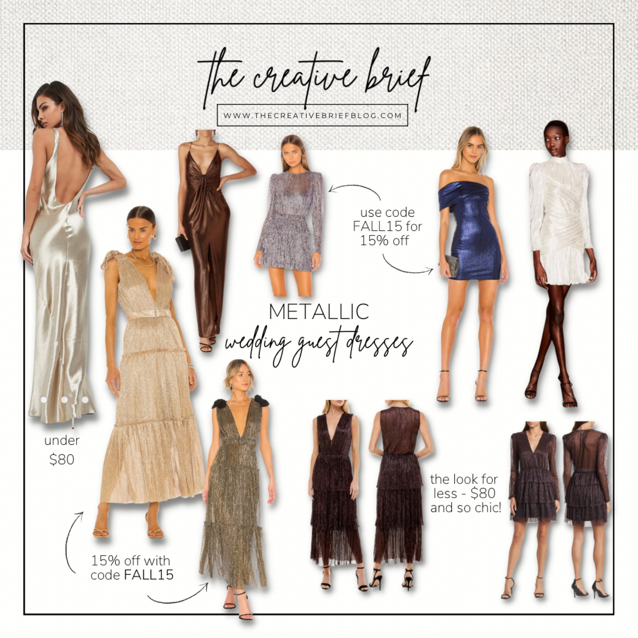 Metallic wedding guest dresses perfect for fall! You can use code FALL15 for 15% off site wide on REVOLVE! 

A bunch of these other dresses are also on sale. fall wedding guest, cocktail dress, fall outfit, fall wedding, metallic mini dress, under $100 dress 

#LTKsalealert #LTKwedding #LTKunder100