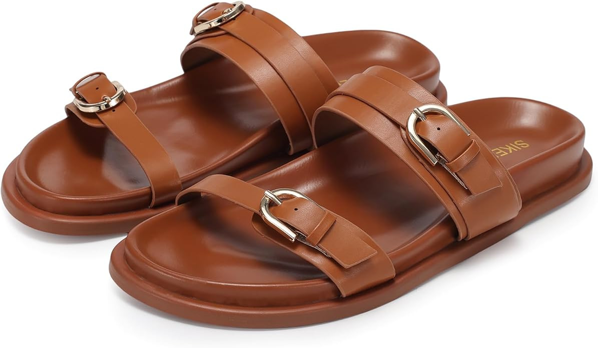 SIKELO Womens Flat Sandals Comfortable Wide Width Open Toe Slides with Adjustable Double Buckle S... | Amazon (US)