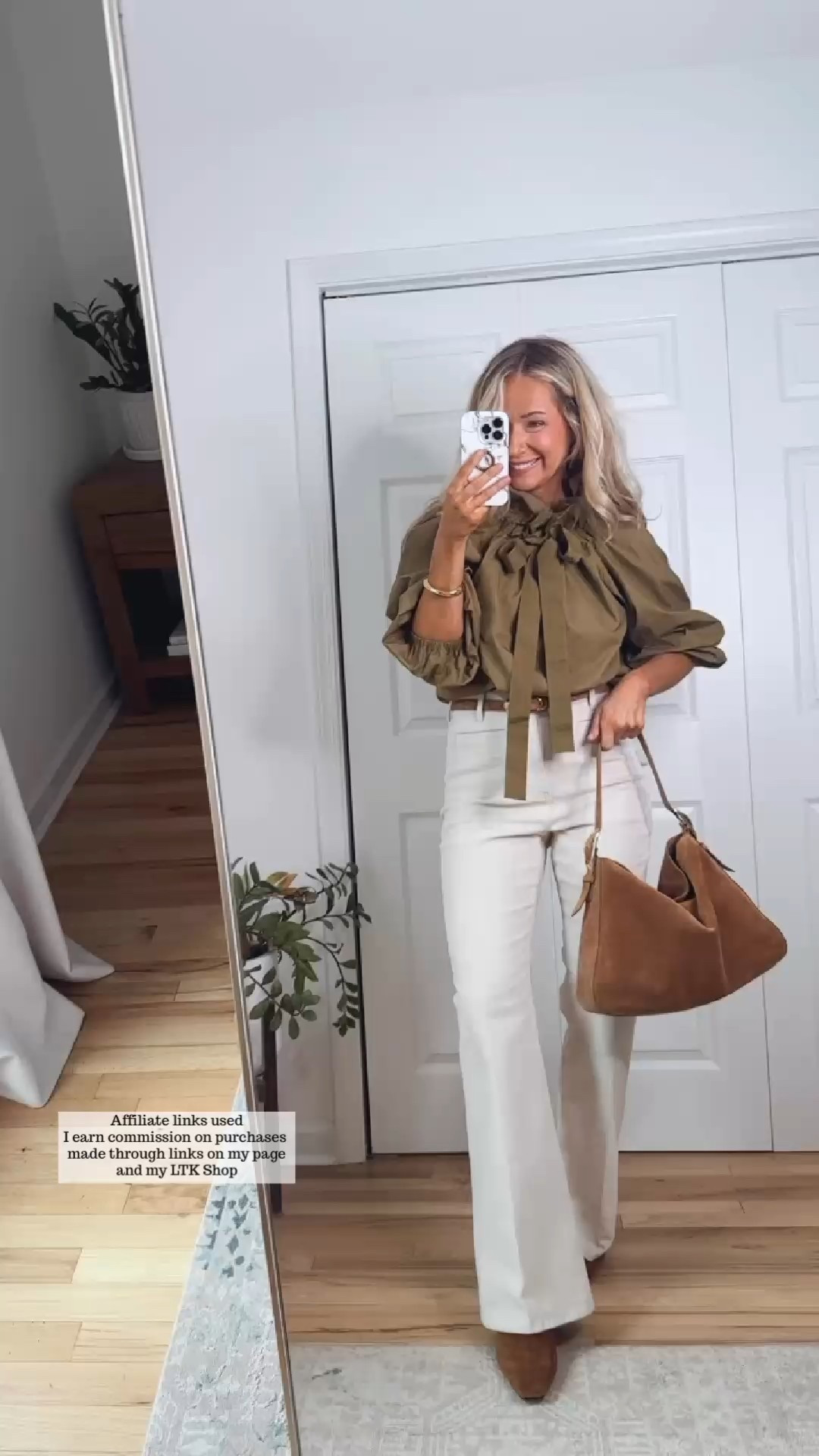 Statement top outfit 🫒🕊️✨

Olive green bow neck blouse
Ecru corduroy pants
Fall fashion 
Flare leg 
Brown suede accessories 