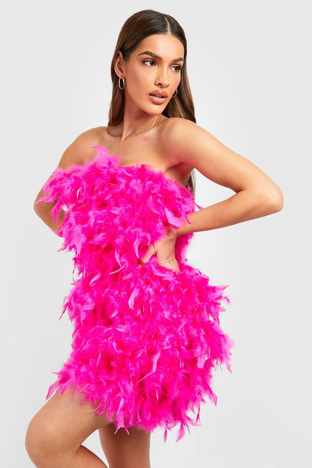 Womens Feather Bandeau Dress - Pink - 8 | Boohoo.com (US & CA)