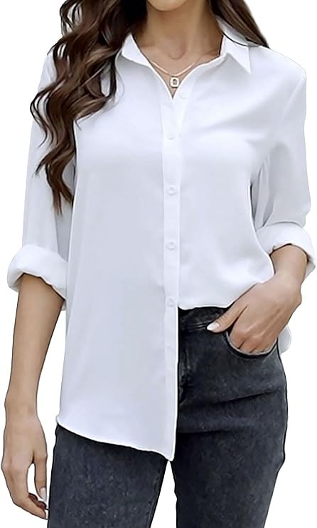 Women's Button Down Shirts Long Sleeve Blouses Casual Collared Chiffon Dress Shirts V Neck Tops O... | Amazon (US)