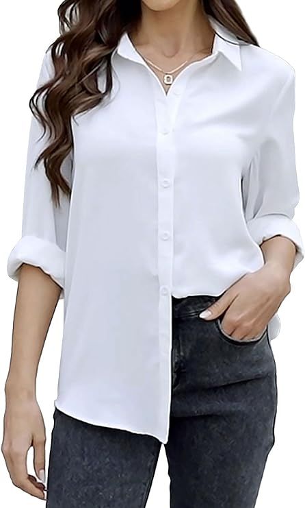 Women's Button Down Shirts Long Sleeve Blouses Casual Collared Chiffon Dress Shirts V Neck Tops O... | Amazon (US)