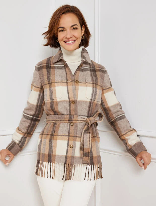 Deuce Plaid Belted Shirt Jacket | Talbots