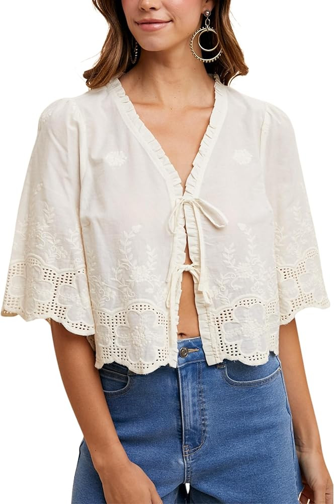 Esmeling Women’s Floral Embroidery Short Sleeves Shirt V Neck Summer Scallop Edge Bow Tie Front... | Amazon (US)