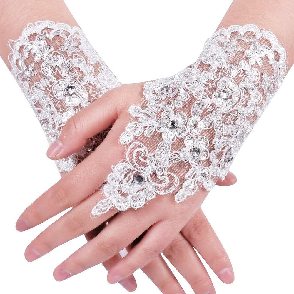 MisShow Lace Fingerless Rhinestone Bridal Gloves for Wedding Party | Amazon (US)
