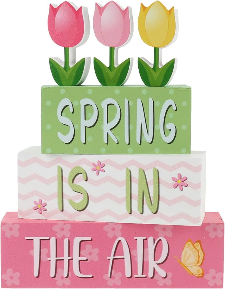 4 Pcs Spring Table Decorations Tulip Flower Wooden Block Signs Gift Spring Tiered Tray Decor Tuli... | Amazon (US)