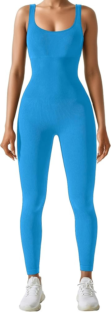 AURUZA Jumpsuit for Women Workout Seamless Jumpsuits Yoga Ribbed One Piece Tank Tops Rompers Slee... | Amazon (US)