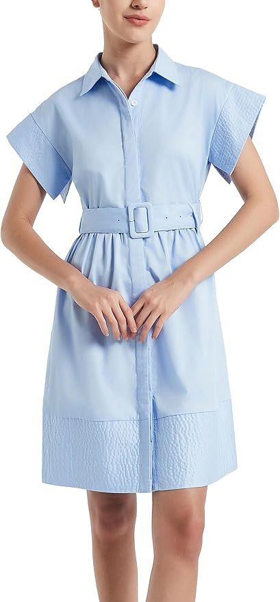 D-Sun Women Casual Button Down Shirt Dress V-Neck Short Sleeves Mini Shirt Dress Belted Short Par... | Amazon (US)