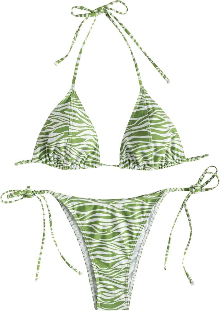 SOLY HUX Women's Floral Print Halter Triangle Tie Side Bikini Set Two Piece Swimsuits | Amazon (US)