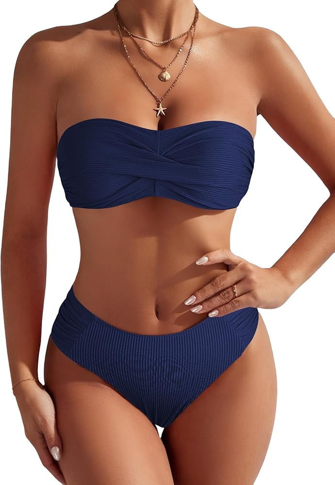 ZAFUL Women's Strapless Twist Bandeau Bikini 2 Piece Swimwear Cheeky Solid Lace up Bathing Suits | Amazon (US)