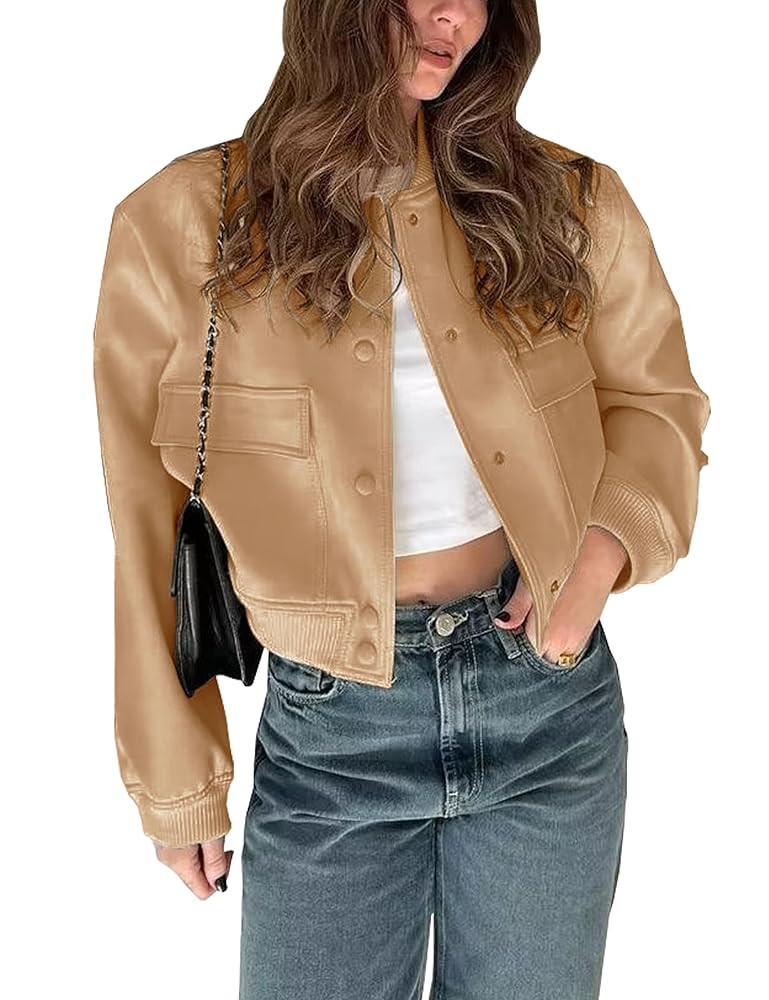 Womens Cropped Bomber Jacket Button Down Varsity Jackets Shackets with Pockets | Amazon (US)
