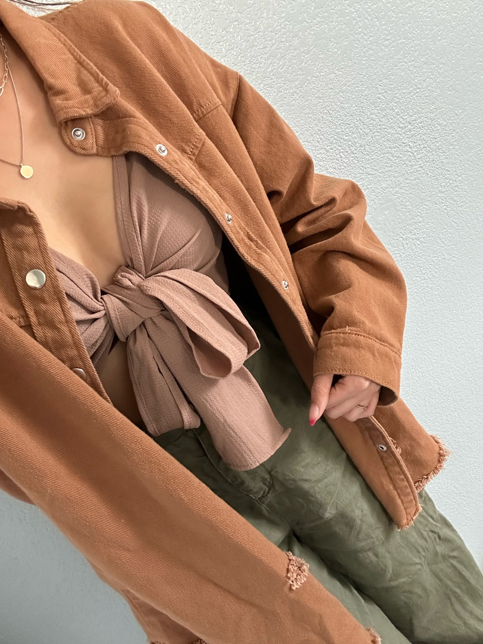 Ootd neutral outfit brown jacket green pants crop top brown crop top gold necklace 