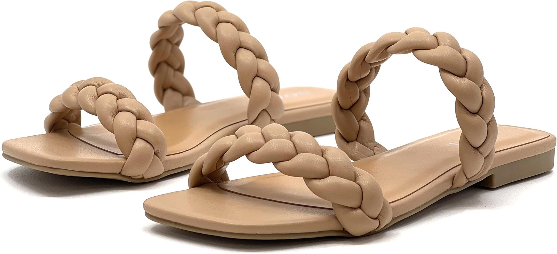 Amazon.com | Women's Square Open Toe Flat Sandals Braided Strap Slip-on Slides Woven Sandals Vault B | Amazon (US)