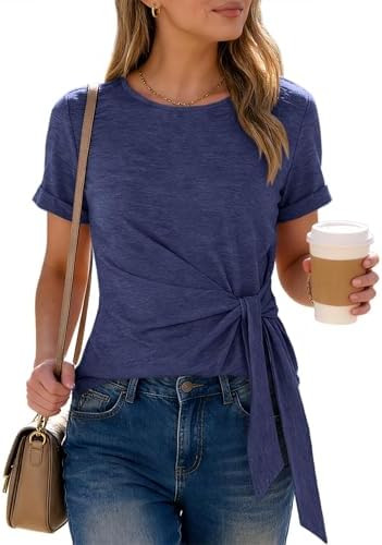 ANRABESS Womens Tops Summer Short Sleeve Crewneck Tie Waist Shirts Dressy Casual Blouse Tee 2026 ... | Amazon (US)