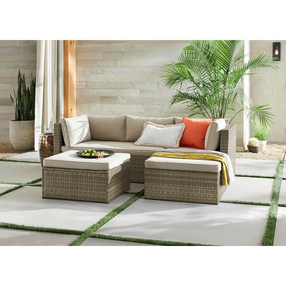 Hampton Bay Valley Peak 3-Piece All-Weather Gray Wicker Sectional Outdoor Patio Set with Beige Cu... | The Home Depot