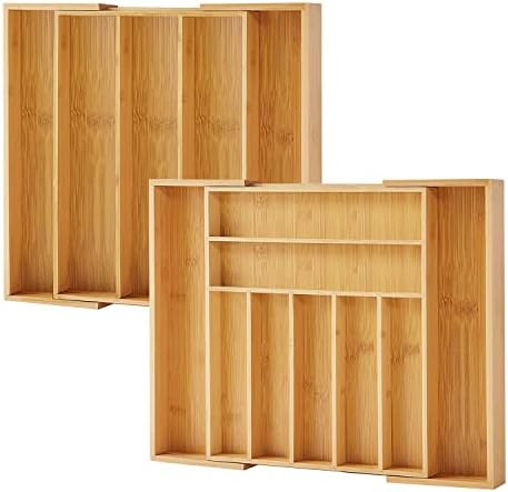 PURAWOOD - Large Premium Bamboo Silverware Organizer - Expandable Drawer Organizer & Utensil Orga... | Amazon (US)
