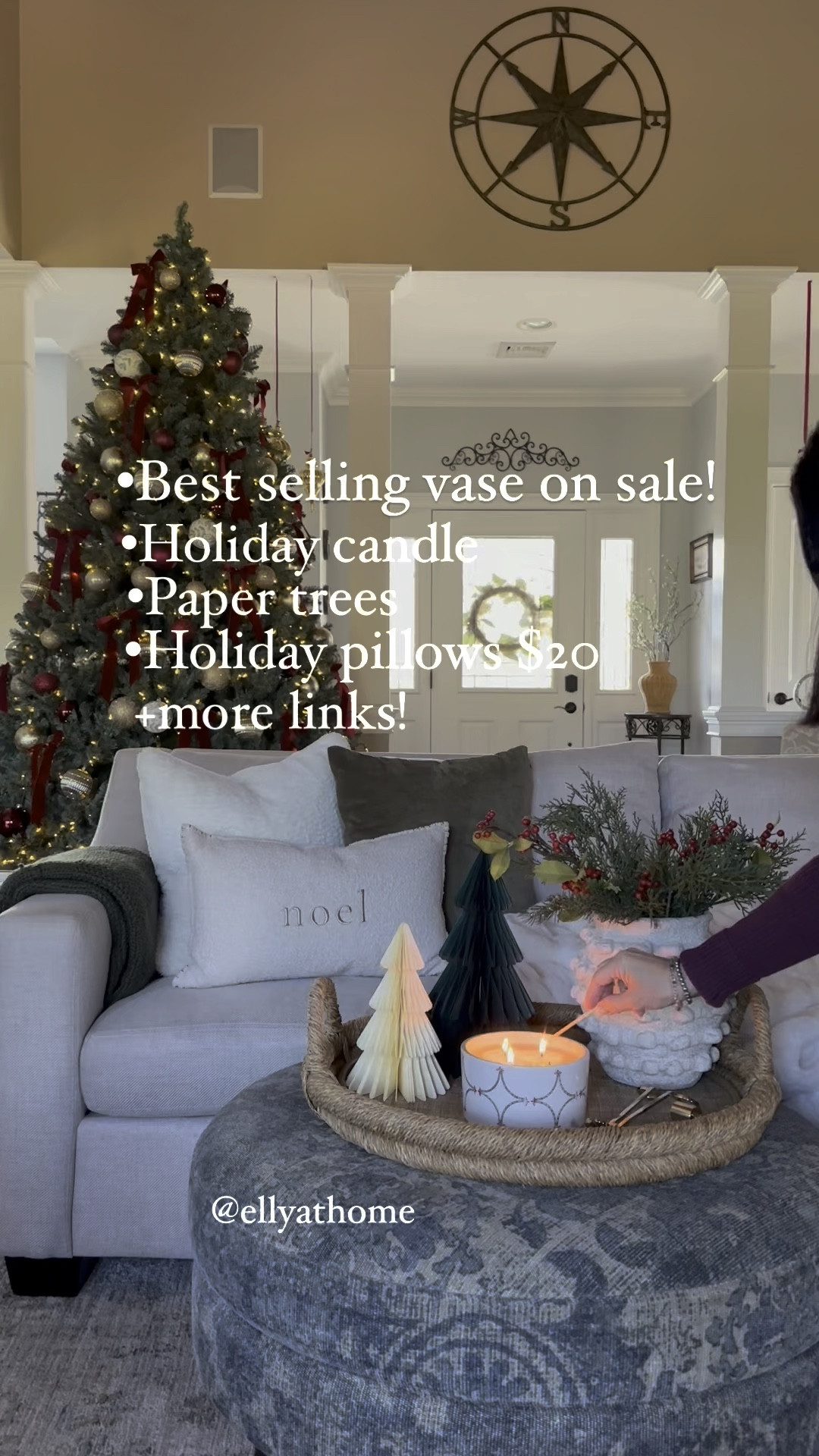 Holiday living room styling. Shop green velvet throw pillow, Noel pillow, soft faux fur throw blanket, I picked up this Fireside & spruce candle in target! It smells so good! More scents available in the vessel. greenery, berry stems. Minka vase. Shop paper trees, sofa, my Christmas tree on sale, ornaments on sale. Target, Walmart, Amazon home, Ballard Designs, Pottery Barn. 

#LTKHome #LTKSaleAlert #LTKWatchNow