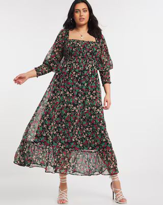 Floral Print Long Sleeve Shirred Chiffon Maxi Dress | Simply Be (UK)