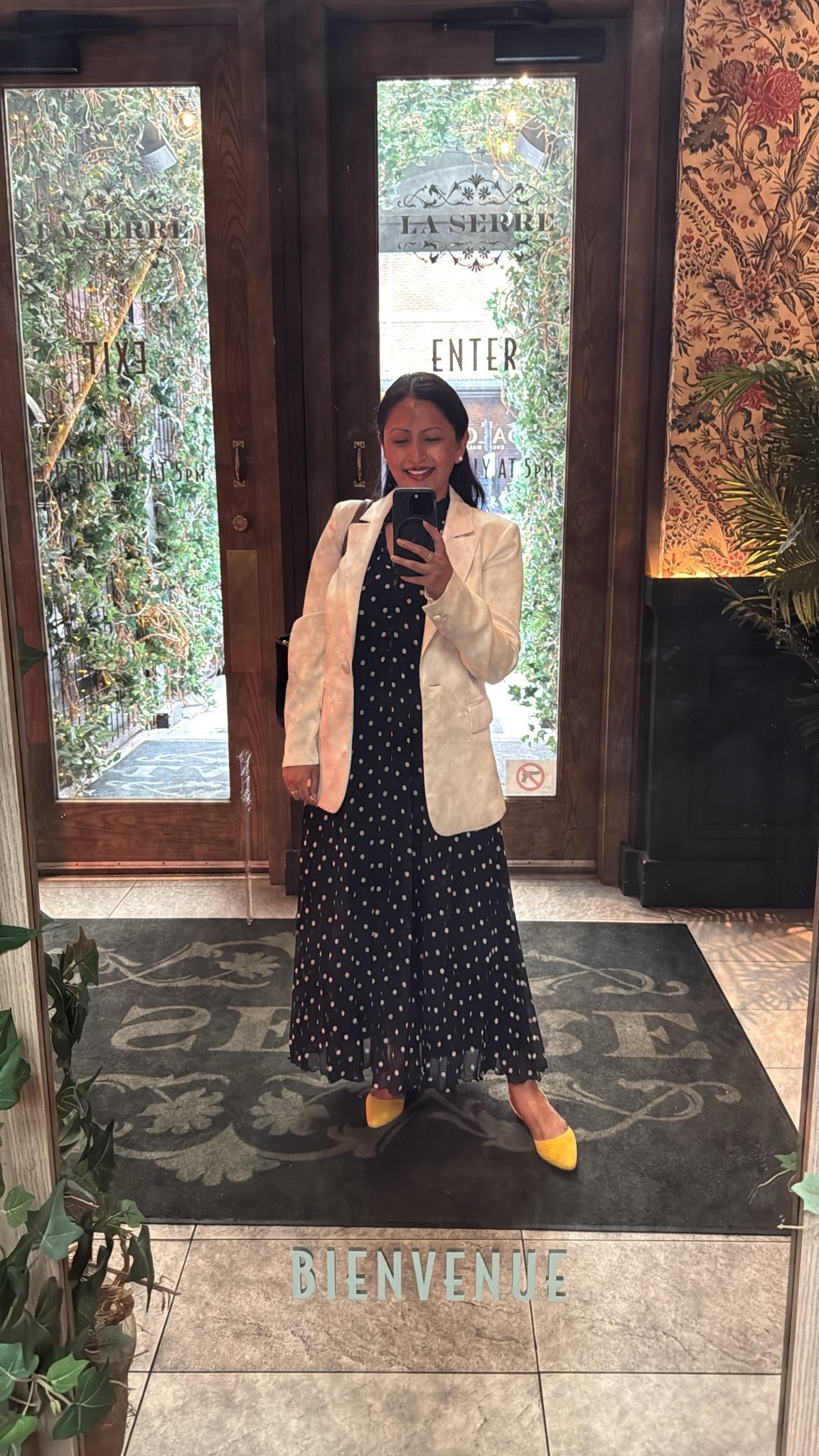 Office wear to happy hour in @Aritzia polka dot dress, @Express  crepe blazer, and Manolo Blahnik yellow Slingbacks.

#LTKootd #LTKPetite #LTKWorkwear