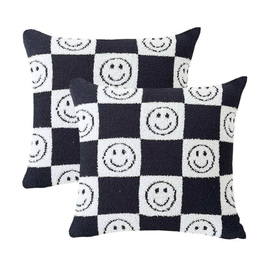 Pack of 2 Ultra Soft Cozy Happy Smiling Face Checkered Knitted Throw Pillow Cover Fluffy Microfib... | Amazon (US)