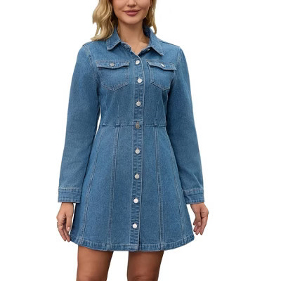INSPIRE CHIC Women's Denim Button Up Collar Long Sleeve A-Line Above The Knee Length Jean Dresses Blue Large | Target