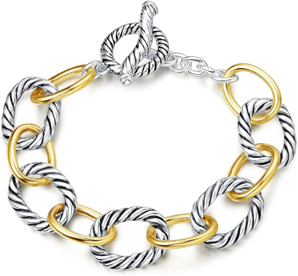 UNY JEWEL Twisted Cable Wire Link Chain Bracelet Two Tone Designer Brand Inspired Women Jewelry Valentine (2 Tone) | Amazon (US)